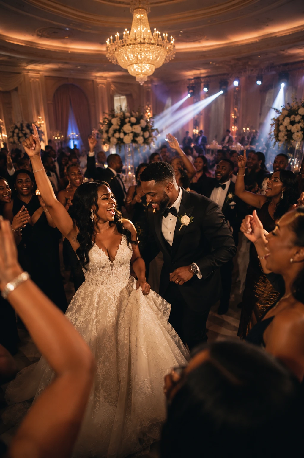 Wedding guests celebrating on the dance floor